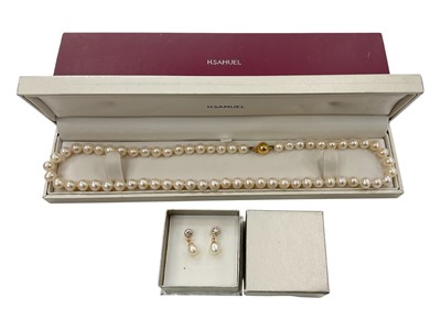 Lot 954 - Cultured pearl single string necklace with 9ct gold ball clasp and pair of 9ct gold cultured pearl and synthetic white stone drop earrings