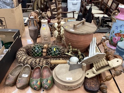 Lot 484 - Terracotta pot and wooden lid, chopping board, glass & cork float, towel rails and sundries including cloggs