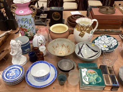 Lot 485 - Two lamp shades, Pearl Ware leaf plates, vintage tiles and other ceramics (qty)