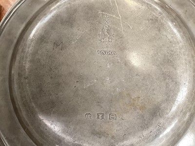 Lot 486 - Ten early pewter plates with London touchmark and Crown above X, 9 1/2" diameter