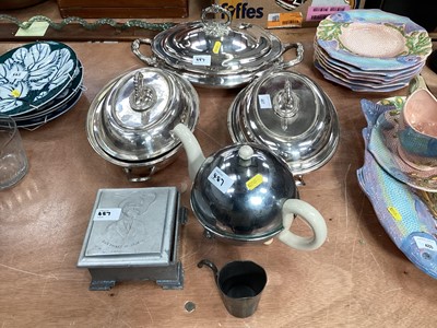 Lot 487 - Three plated serving dishes and lids.plus tea pot and box