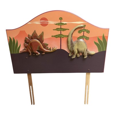 Lot 1432 - Two painted single headboards decorated with dinosaurs, 92cm wide, 102cm high
