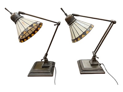 Lot 347 - Pair of Tiffany style anglepoise lamps with square bases