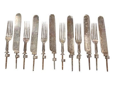 Lot 969 - Set of twelve Victorian silver knives and forks, missing handles