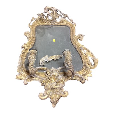 Lot 1452 - Antique giltwood girandole mirror with twin candle sconces, 79cm high, 50cm wide (distressed)