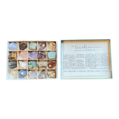 Lot 398 - "The Quartz Family Minerals, Treasures of the Earth No. 2", a collection of twenty gemstone / mineral specimens in a fitted display box, produced by Ophir Gemstones & Minerals, Box. 622, Umt...
