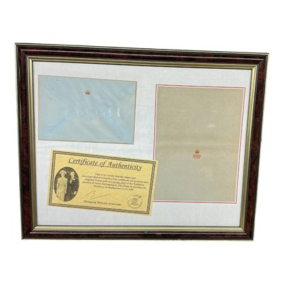 Lot 388 - HRH Edward Duke of Windsor (formerly HM King Edward VIII), enevelope and sheet, with certificate of authenticity from coincraft, mounted in a glazed frame.
