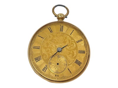 Lot 994 - 18ct gold cased pocket watch, lacking glass