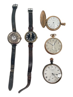 Lot 995 - Silver cased Mappin half hunter watch on leather strap, one other watch with black dial, Elgin gold plated full hunter fob watch, Cymrex gold plated pocket watch and a Saqui & Lawrence pocke...