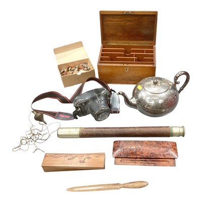 Lot 377 - Old military telescope, stationary box, camera and sundries