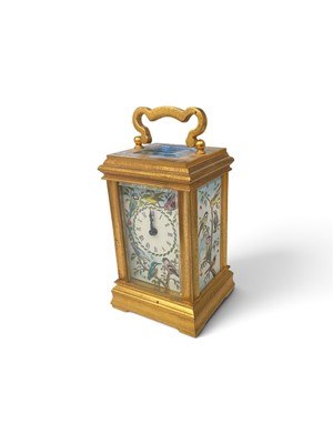 Lot 128 - English miniature carriage clock by Deacon of Swindon, with enamel panels depicting British birds