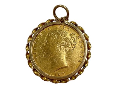 Lot 1035 - Victorian gold sheild back full sovereign, 1877, in yellow metal pendant mount