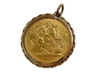 Lot 1037 - Elizabeth II gold full sovereign, 1968, in 9ct gold pendant mount
