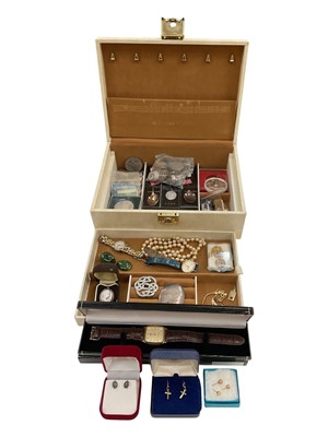 Lot 1041 - Jewellery box containing costume jewellery, 9ct gold and yellow metal earrings, wristwatches and commemorative coins to include a Victorian silver crown