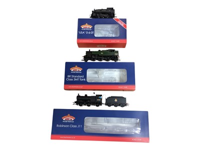 Lot Bachman OO Gauge BR black early emblem 0-6-0 Class J11 tender locomotive 64325, with box 31-320DC, British Railways black 0-6-0T USA Class tank engine S73, with box MR-111 and BR lined green 2-6...