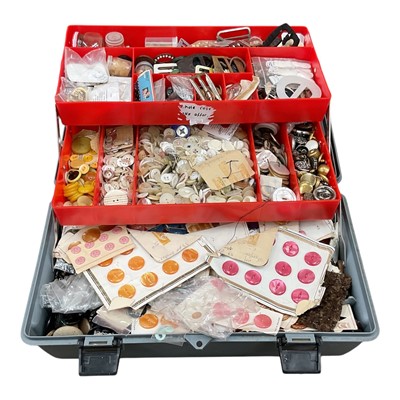 Lot 8 - Large assortment of mixed buttons, including box of sewing accessories and an Elna sewing machine.