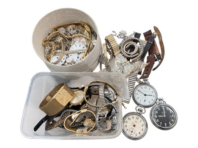 Lot 1025 - Vintage wristwatches including Timex, Accurist, Montine etc, three pocket watches, various watch movements and straps