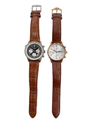 Lot 1027 - Rotary Chronospeed wristwatch in stainless steel case and Rotary Chronograph wristwatch in gold plated stainless steel case, both on original brown leather straps (2)