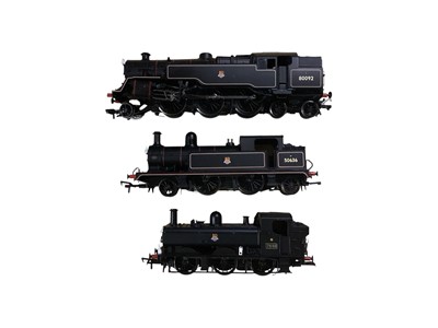 Lot Bachmann OO Gauge BR black early emblem tank engines including 2-6-4T Standard Class 4MT ~ 80092, 2-4-2T L&YR Class5 ~ 50636 & 0-6-0T Class 57xx ~ 7446, all unboxed (previously displayed...