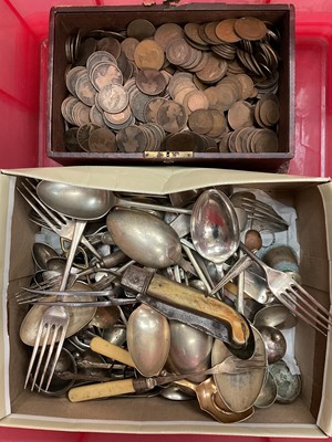 Lot 373 - Plated flatware, silver pepperette, silver spoon, silver ring and various coins (1 box)
