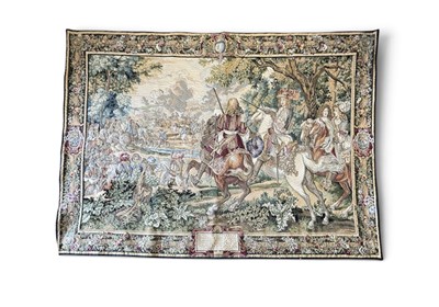 Lot 233 - Large French needlework tapestry depicting the defeat of the Spanish army at Bruges Canal by the troops of Louis IV in the year 1667