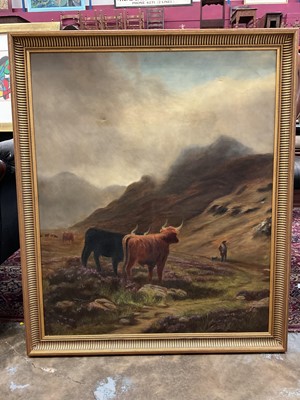 Lot 1259 - Large oil on canvas of Highland cattle, together with four Victorian/Edwardian watercolours