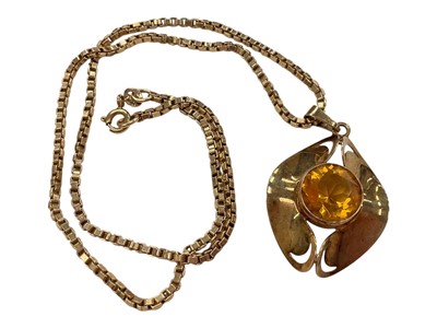 Lot 1046 - 9ct gold citrine pendant on 9ct gold box link chain, 42cm long