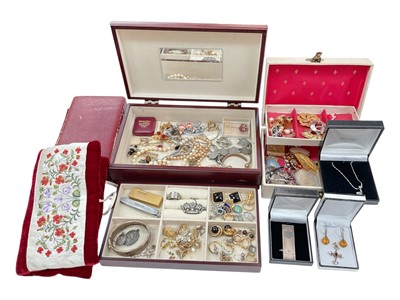 Lot 1050 - Jewellery boxes containing vintage costume jewellery, gold on silver hinged bangle, silver cigar cutter, various gold plated earrings etc