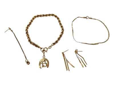 Lot 1051 - 9ct gold rope twist bracelet with 9ct gold charm, another 9ct gold bracelet and three yellow metal earrings