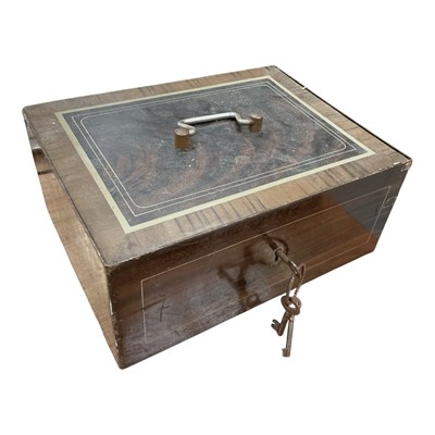 Lot 386 - Vintage metal cash box / strong box by Elbersmit of Germany, with simulated wood painted decoration, 30 x 23cm