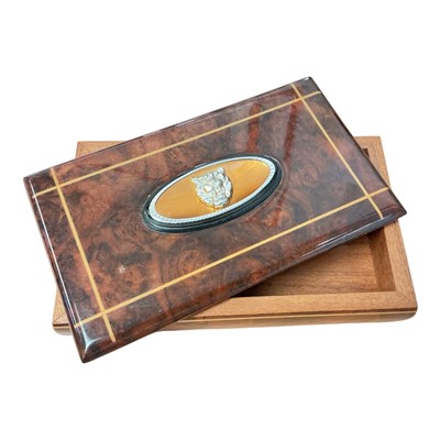Lot 16 - 1960's Jaguar Cars burr walnut box with inlaid decoration, 21cm in length.