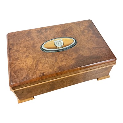 Lot 17 - 1960's Jaguar Cars burr walnut box with hinged lid, 24.5cm in length.