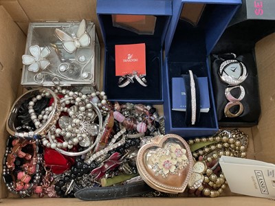 Lot 1060 - Swarovski crystal bangle and pair of hoop earrings, both boxed, other contemporary costume jewellery, various ladies wristwatches and two trinket boxes