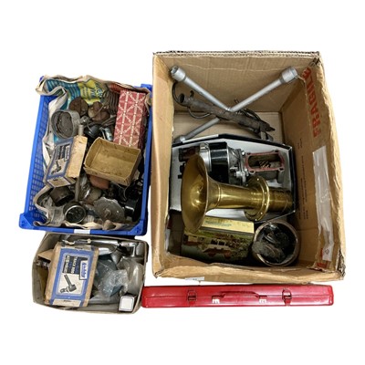 Lot 35 - Vintage Riley distributor, brass Claxton horn, lot vintage gauges and automobilia