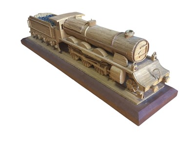 Lot Scratch built match stick 2-6-0 steam locomotive with 8-wheel tender, on wooden plinth, approx 24”