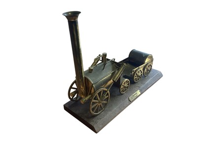 Lot Scratch built brass Stephenson's Rocket, on wooden plinth, approx 12"