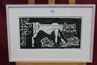 Lot 1240 - Ann Westley (b. 1948), linocut - cat with fish,...
