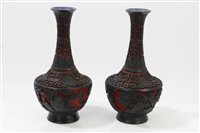 Lot 971 - Pair Chinese black lacquer and cinnabar vases...