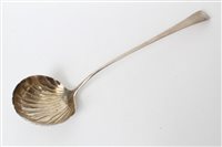 Lot 345 - Georgian silver Old English pattern soup ladle...