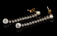 Lot 463 - Pair pearl and diamond pendant earrings, each...