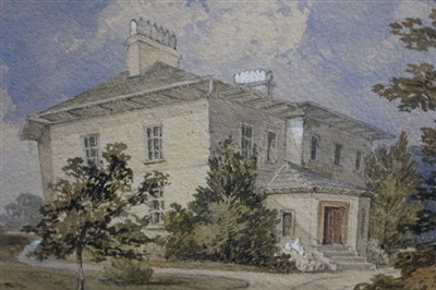 Lot 1614 - Victorian English School watercolour - Cove House, Silverdale, label verso, in glazed oak frame, 15.5cm x 23cm