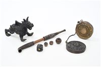 Lot 685 - Four ancient glass beads, Oriental opium pipe,...