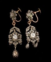 Lot 522 - Pair antique diamond pendant earrings, each...