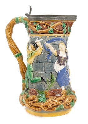Lot 119 - Victorian Minton Majolica tower jug with hinged pewter cover