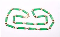 Lot 605 - Chinese green jade/hardstone necklace with 9ct...