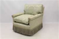 Lot 1358 - Deep upholstered armchair, square back with...