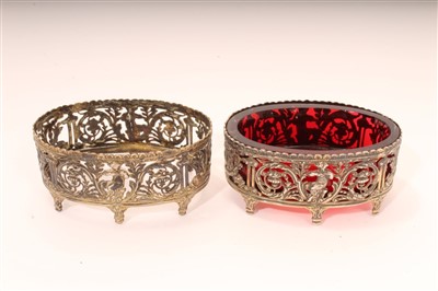 Lot 424 - Pair 19th century gilt white metal salts of oval form, with classical pierced figures of Pan
