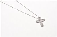 Lot 543 - 18ct white gold diamond cross pendant, centred...