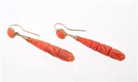 Lot 511 - Pair of Regency carved coral pendant earrings,...