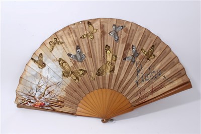 Lot 606 - Unusual large Victorian ladies' painted silk and olive wood fan
